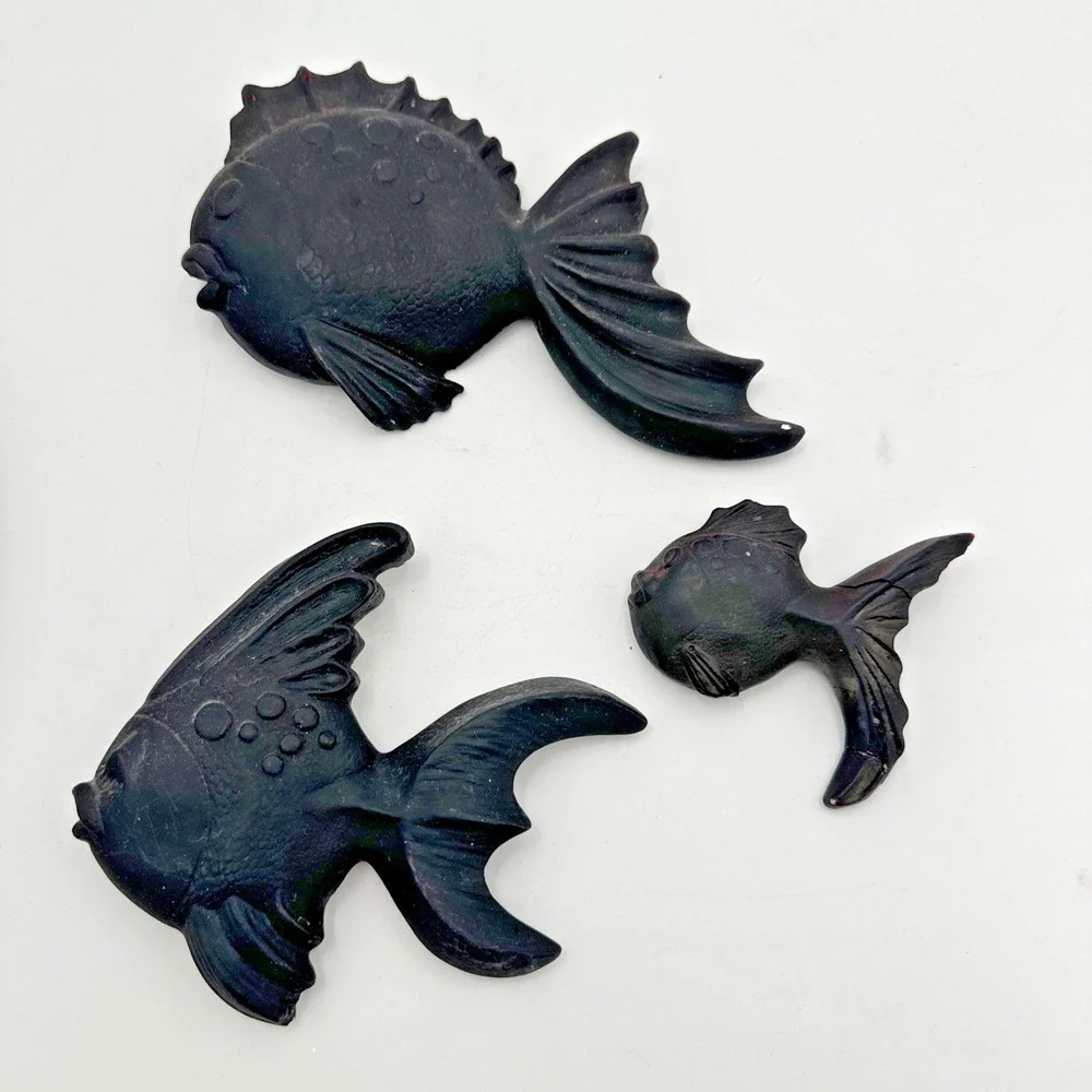 Vintage MCM Set of 3 Black Chalkware Fish Plaques Wall Decor